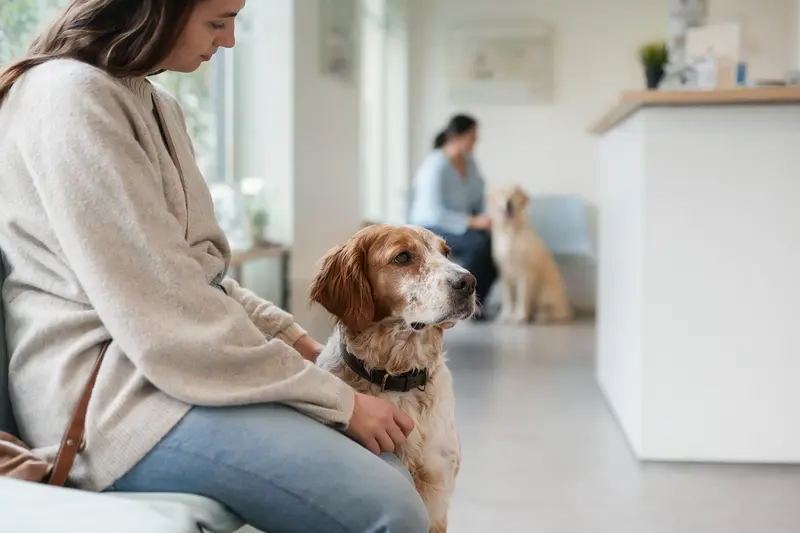 Ein Brittany-Hund sitzt ruhig neben seinem Besitzer im hellen Wartezimmer einer modernen Tierarztpraxis.